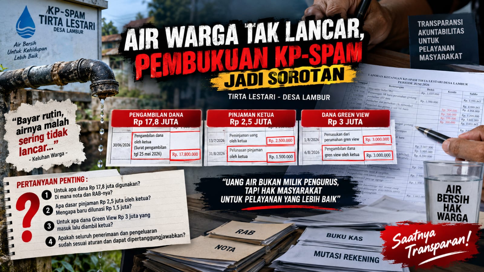 Air Warga Tak Lancar, Pembukuan KP-SPAM Tirta Lestari Disorot: Rp17,8 Juta hingga “Pinjaman Ketua” Dipertanyakan