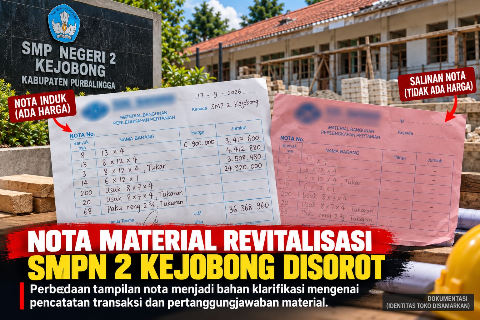 Nota Material Revitalisasi SMPN 2 Kejobong Disorot, Perbedaan Dokumen Perlu Diklarifikasi